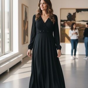 Talbots Black Formal Midi Dress With Beading and Sheer Sleeves Size 10 Side Zip